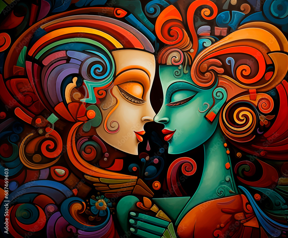 Vibrant abstract couple in a surreal embrace, colorful swirls.
