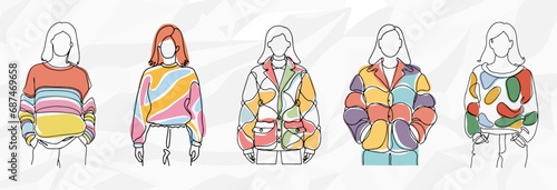 Winterliche Eleganz: Lineart-Zeichnungen von Frauen in bunten Winteroutfits