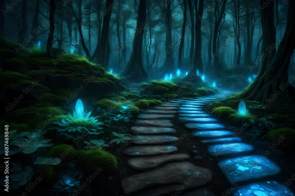 stone path through bioluminescent fantasy forest--