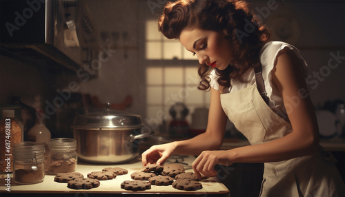Vintage portrait of a housewife in the kitchen. Young beauty woman cooks in the kitchen retro style old design