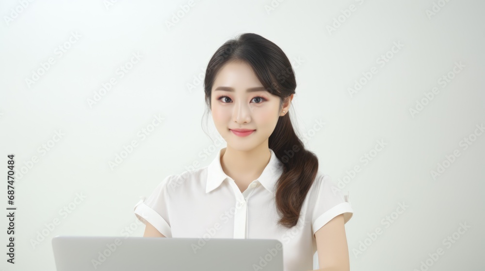 Digital nomad millennial woman work anywhere. Asian female freelancer hand type laptop remotely. Korean student girl study with computer. Young adult person freelance job Asia career. White background Digital nomad millennial woman work anywhere. Asian female freelancer hand type laptop remotely. Korean student girl study with computer. Young adult person freelance job Asia career. White background