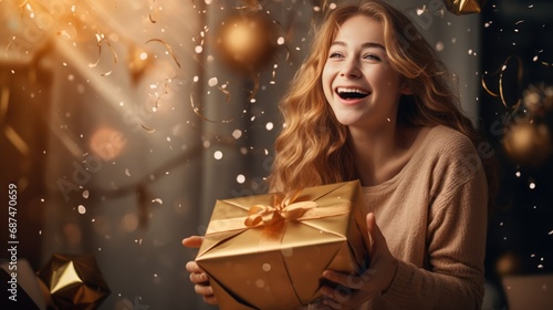 Happy woman opening her present on feeling thankful for getting present in wrapped gift box, celebrating happy birthday or marriage anniversary, international women s day, Merry Christmas. photo