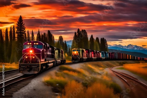freight train with a colorful sunset in background near whitefish, montana-