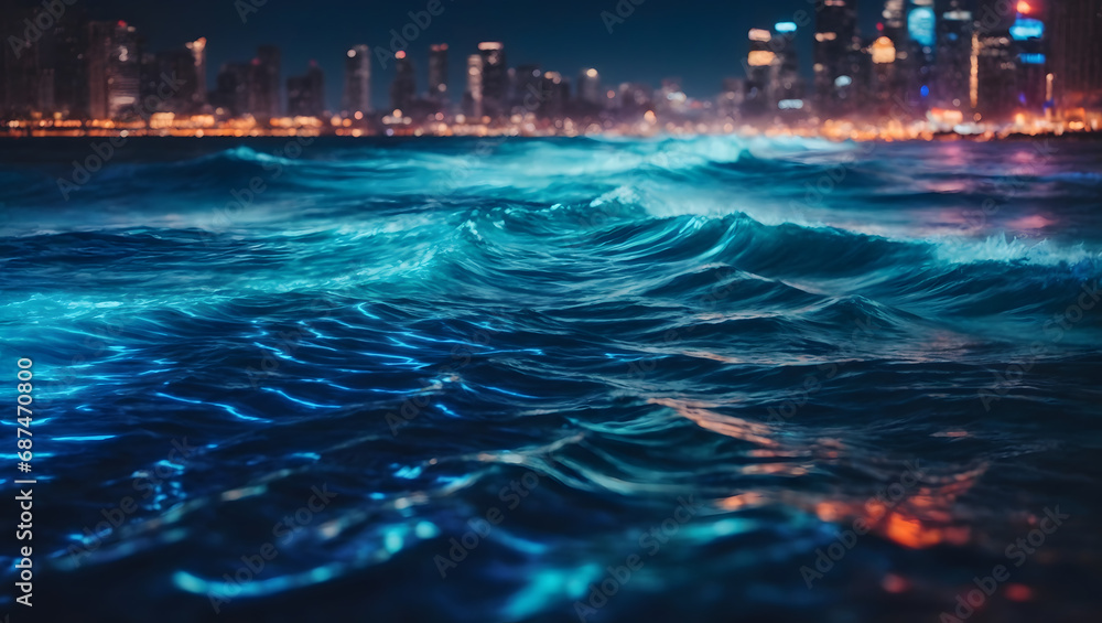 Electric blue neon waves in a digital landscape.