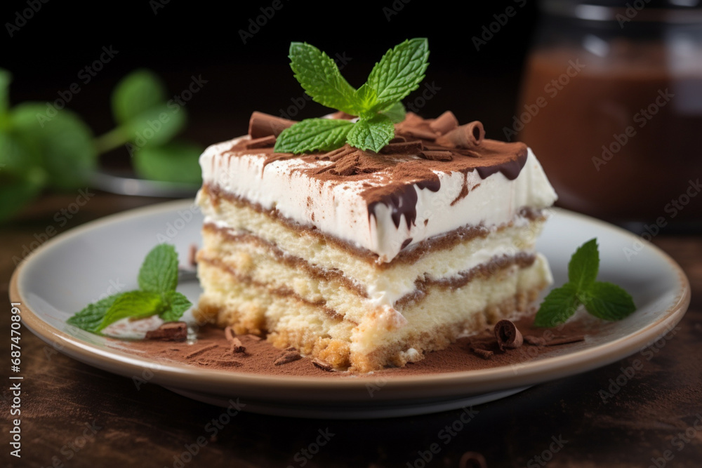 tiramisu, beautifully presented on a white plate atop a marble table. This close-up shot captures the essence of this delectable treat. Selective focus adds a touch of elegance. Generative AI.