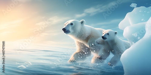 family polar bear mom and cub on ice  mother and child love an image of a polar bear and its cub traversing a glacial landscape  emphasizing the fragile beauty of their habitat  generative ai