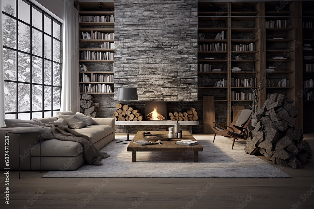 Scandinavia style design interior. A plush sectional sofa is draped with a soft grey throw, the large window with a snowy landscape,stone fireplace Scandinavia style design interior. A plush sectional sofa is draped with a soft grey throw, the large window with a snowy landscape,stone fireplace