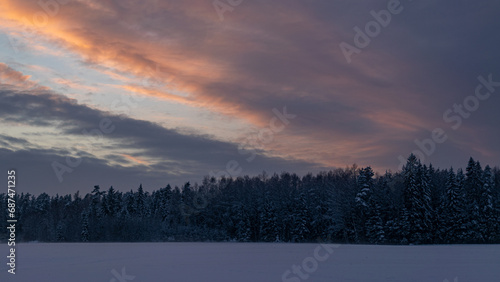 gorgeous sunset sky, beautiful winter landscape, blue hour, dusk