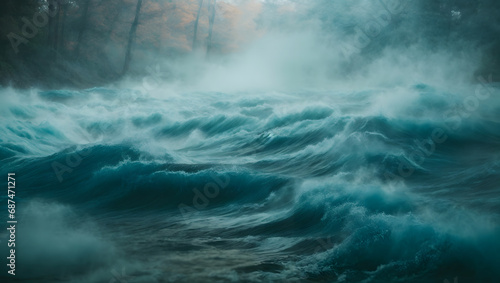 Iridescent azure mist swirling in a mystical atmosphere. © Kasper