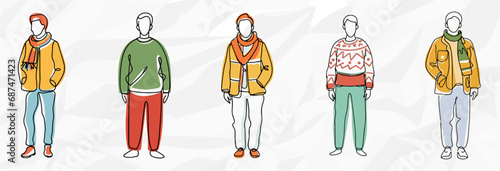 Winterliche Vielfalt: Lineart-Zeichnungen von Männern in bunten Winteroutfits