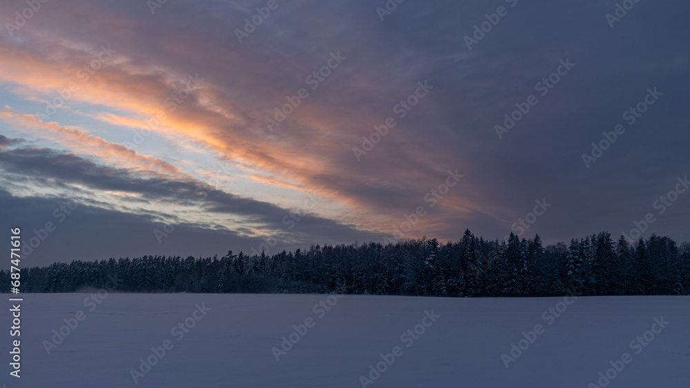 gorgeous sunset sky, beautiful winter landscape, blue hour, dusk