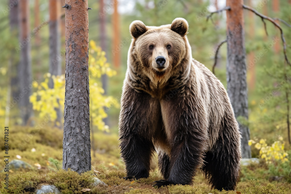 Obraz premium A formidable Ursus arctos, also known as a giant brown Grizzly bear, traverses the lush, pine-filled forest. Generative AI.