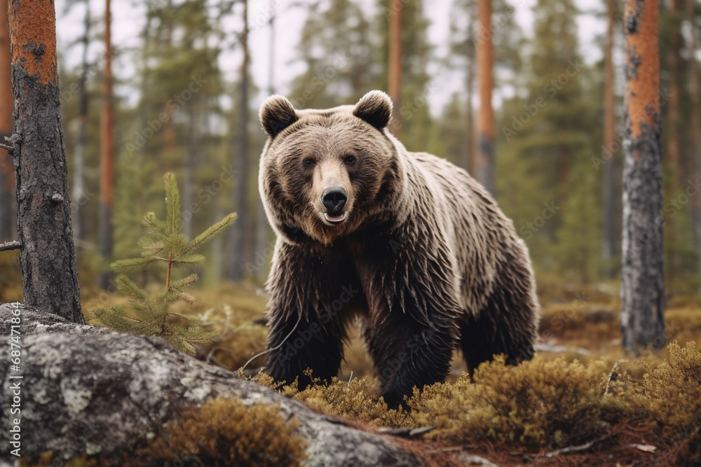 A formidable Ursus arctos, also known as a giant brown Grizzly bear, traverses the lush, pine-filled forest. Generative AI. A formidable Ursus arctos, also known as a giant brown Grizzly bear, traverses the lush, pine-filled forest. Generative AI.
