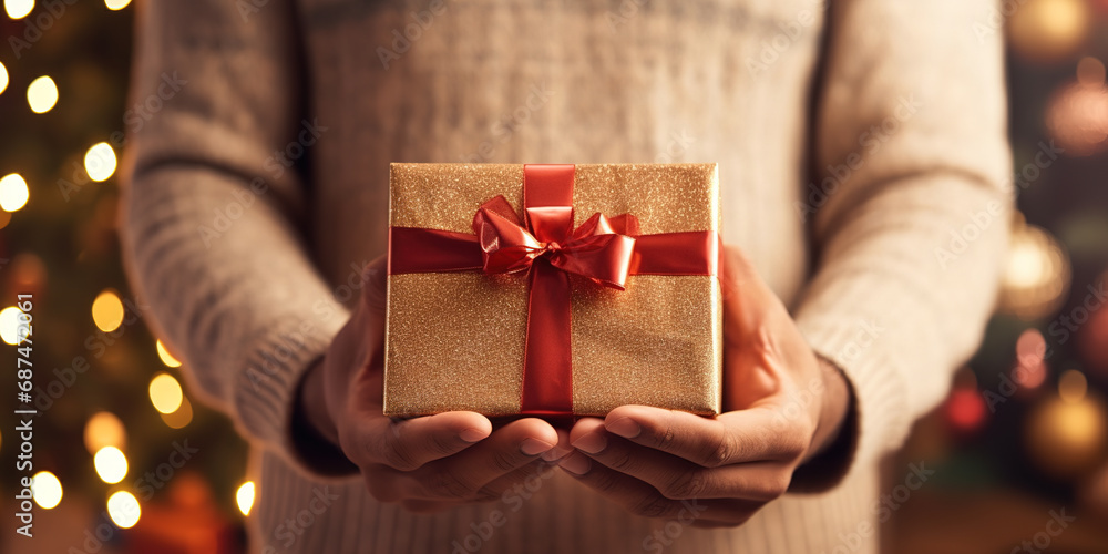 Close up of hands holding a christmas gift with red ribbon Close up of hands holding a christmas gift with red ribbon