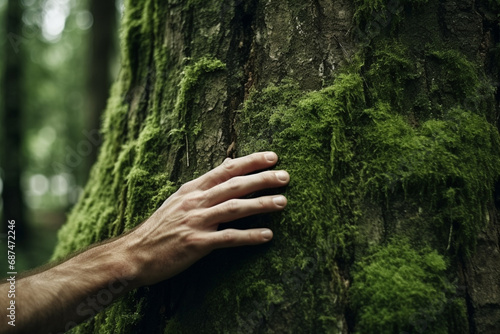 A girl's hand delicately reaches out to touch a moss-covered tree in the enchanting wild forest. A symbol of forest ecology, wild life, and environmental conservation. Generative AI. © Surachetsh