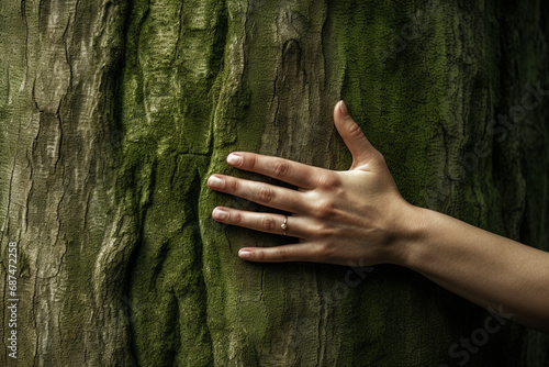 A girl's hand delicately reaches out to touch a moss-covered tree in the enchanting wild forest. A symbol of forest ecology, wild life, and environmental conservation. Generative AI.
