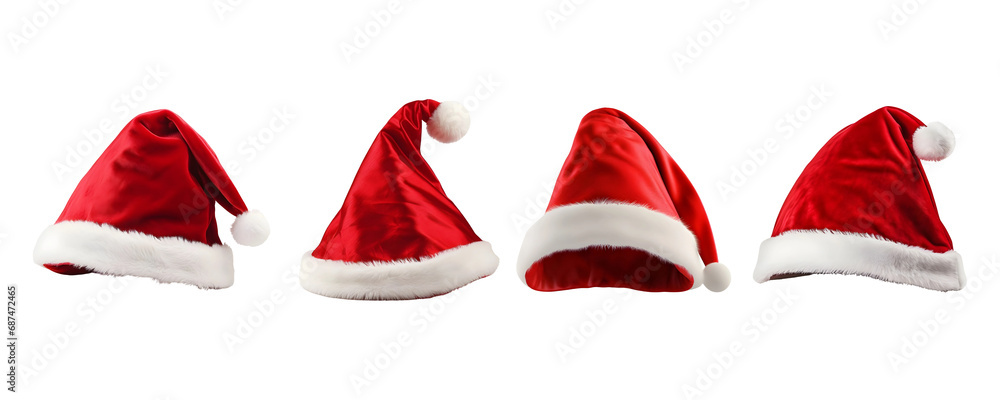 Set of red and white santa claus hats isolated on transparent and white background Set of red and white santa claus hats isolated on transparent and white background