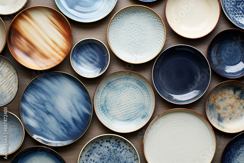 Various ceramic plates and porcelain dishes in blue, brown, and beige tones, neatly arranged on a white background. Generative AI. photo