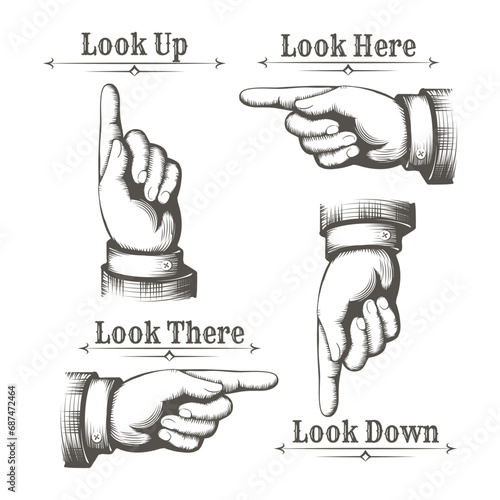 Pointing fingers Vintage Collection. Male Hands Pointing Different Directions Set