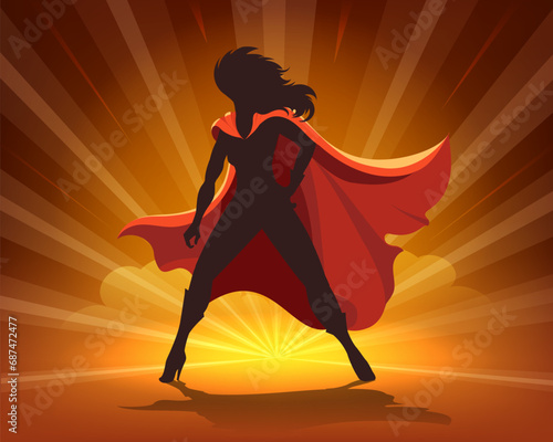 Superhero Woman Silhouette Posing on Burst Background