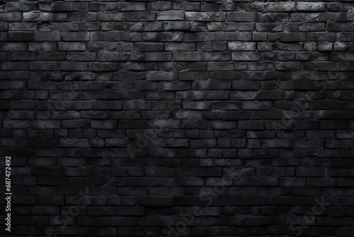 An abstract black brick wall background showcases an old, empty, grungy cement wall. Generative AI. photo