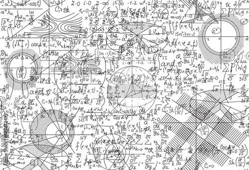 Math vector seamless pattern with handwritten figures, calculations and formulas shuffled together photo