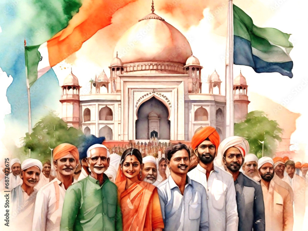 Watercolor people celebrating Indian Republic Day, Generative Ai - obrazy, fototapety, plakaty 