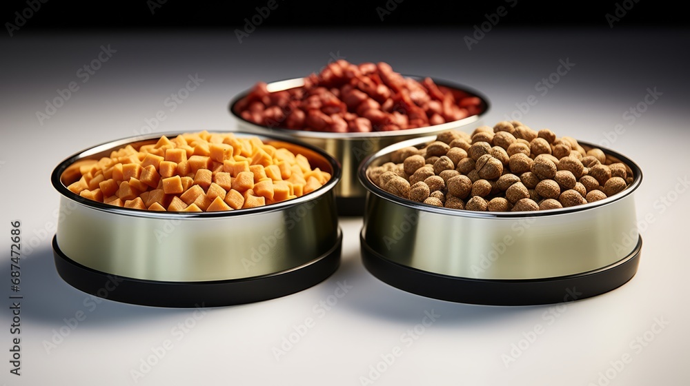 Identical pet food bowls placed side by side Identical pet food bowls placed side by side