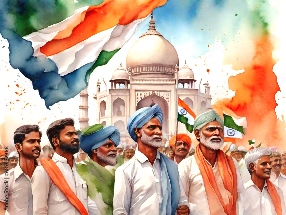 Watercolor people celebrating Indian Republic Day, Generative Ai