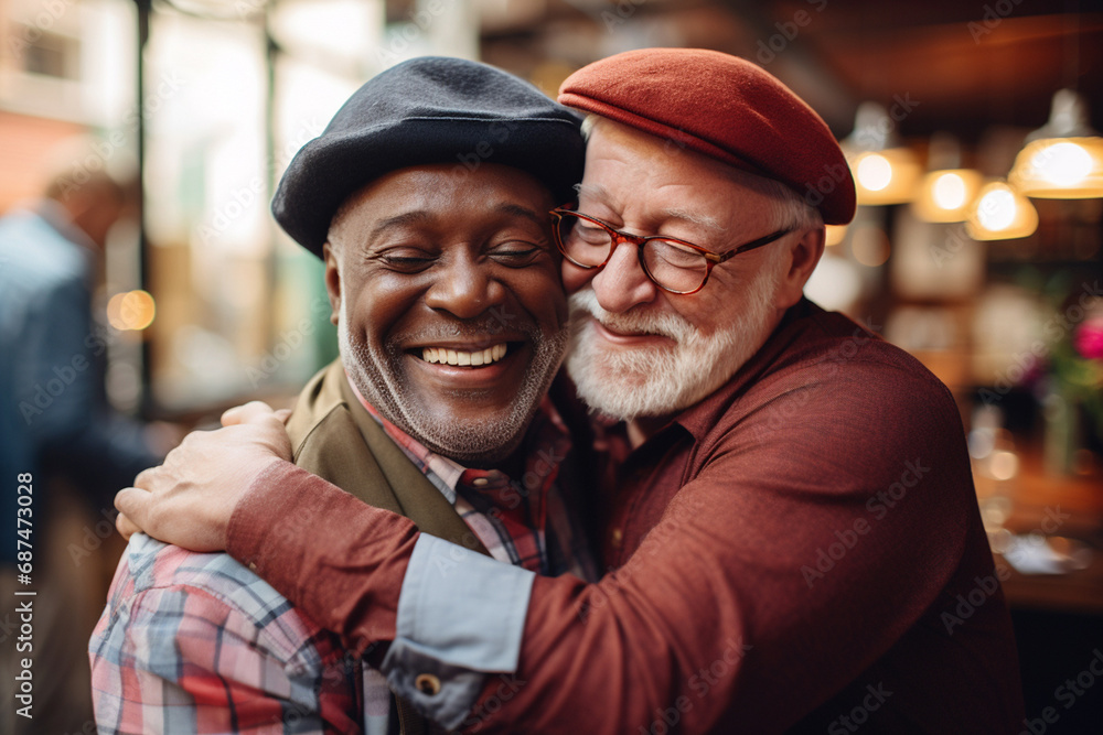 The portrait of a happy best friend elder shunning and having a good time together in the lively city. Generative AI. The portrait of a happy best friend elder shunning and having a good time together in the lively city. Generative AI.