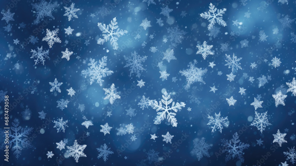 Snowflake background. Winter texture. White snowflakes are flying on a blue background.
