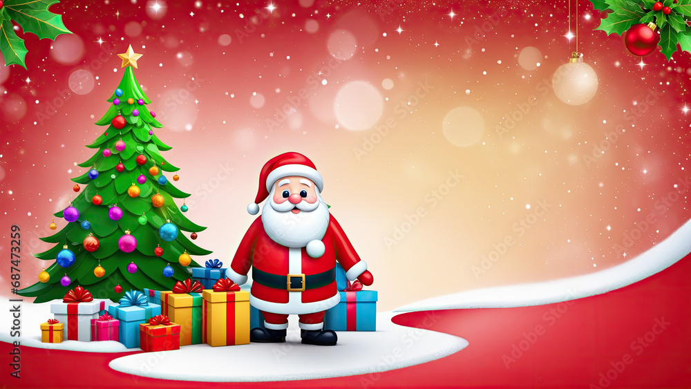 A Festive Santa Claus Standing Next to a Glittering Christmas Tree Surrounded by Presents