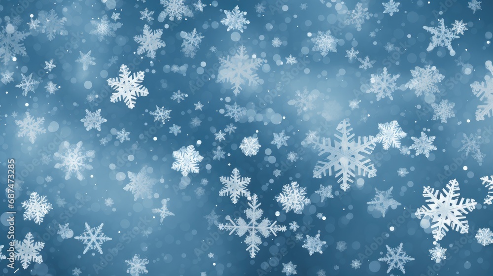 Snowflake background. Winter texture. White snowflakes are flying on a blue background.