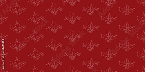 Red seamless background with white outlines of holly berries, symbols of Christmas and New Year. Vector illustration.