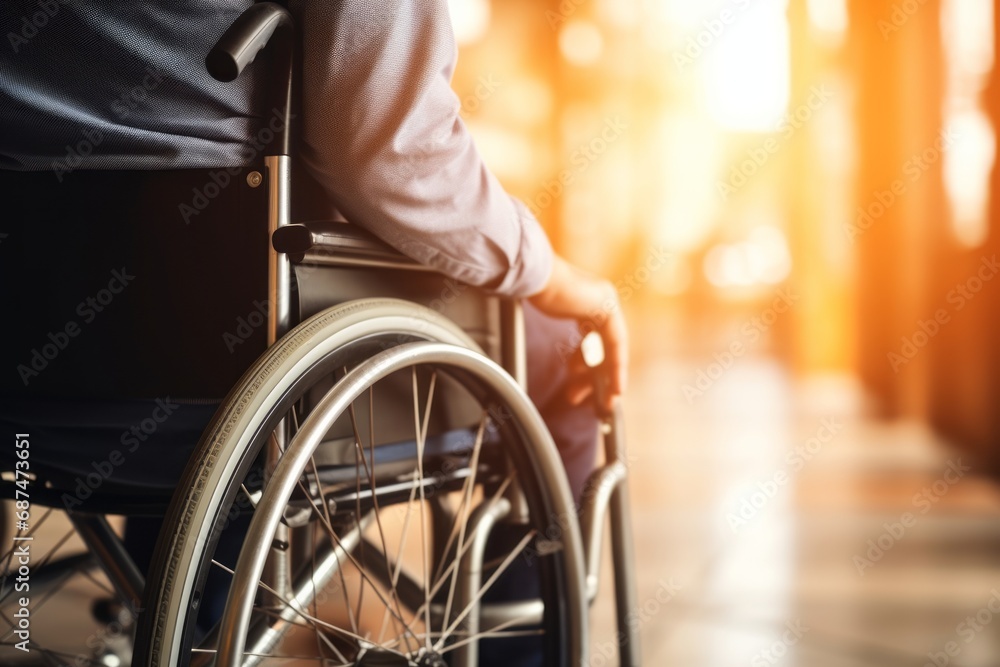 Obraz premium Person in Wheelchair Navigating a Bright Hospital Hallway