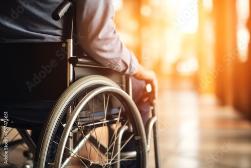 Person in Wheelchair Navigating a Bright Hospital Hallway
