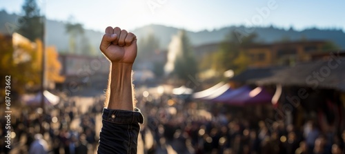 Powerful Raised Fist in Denim Jacket at Protest Rally photo