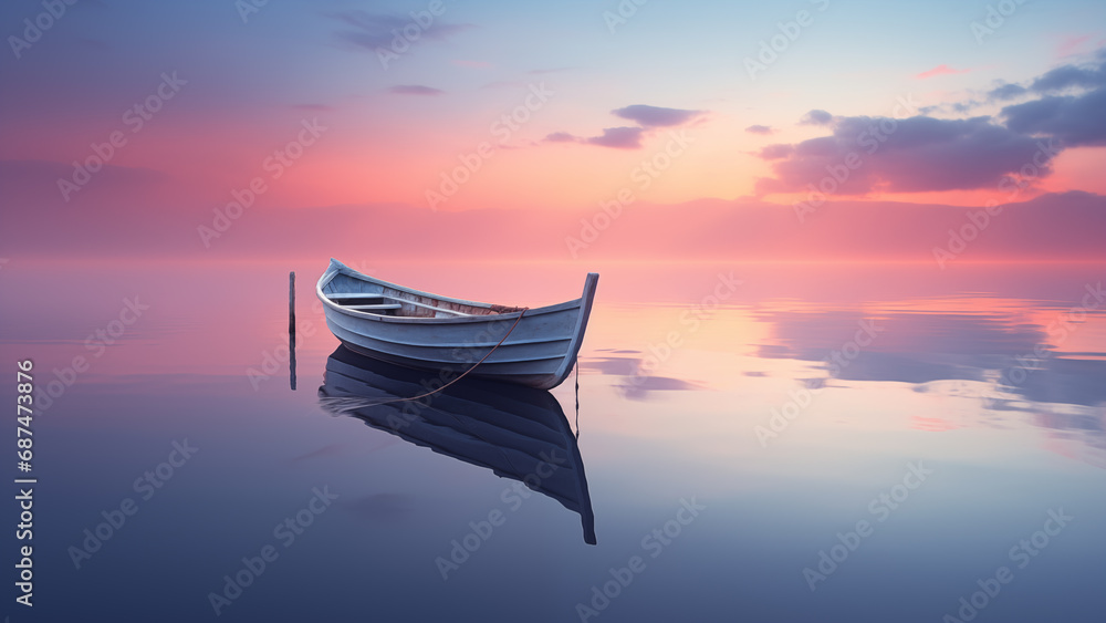 A peaceful image of a small boat floating on a calm sea at sunset