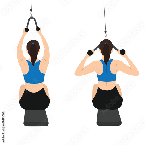 Woman doing seated Face pull. rear delt pull exercise. Flat vector illustration isolated on white background