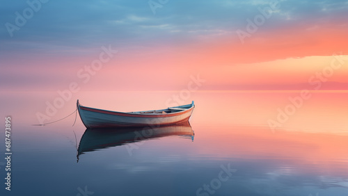 A peaceful image of a small boat floating on a calm sea at sunset photo