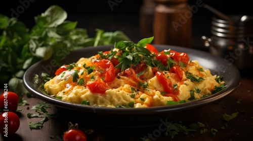 Scrambled eggs with tomatoes and red peppers served