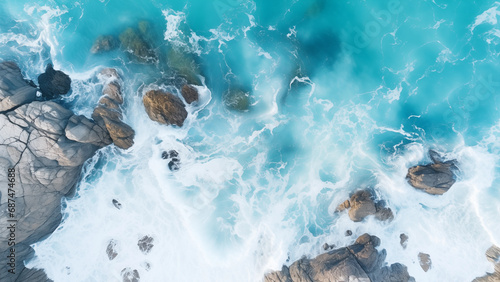 Awesome view of blue waves crashing between rock walls seen from the sky © 대연 김