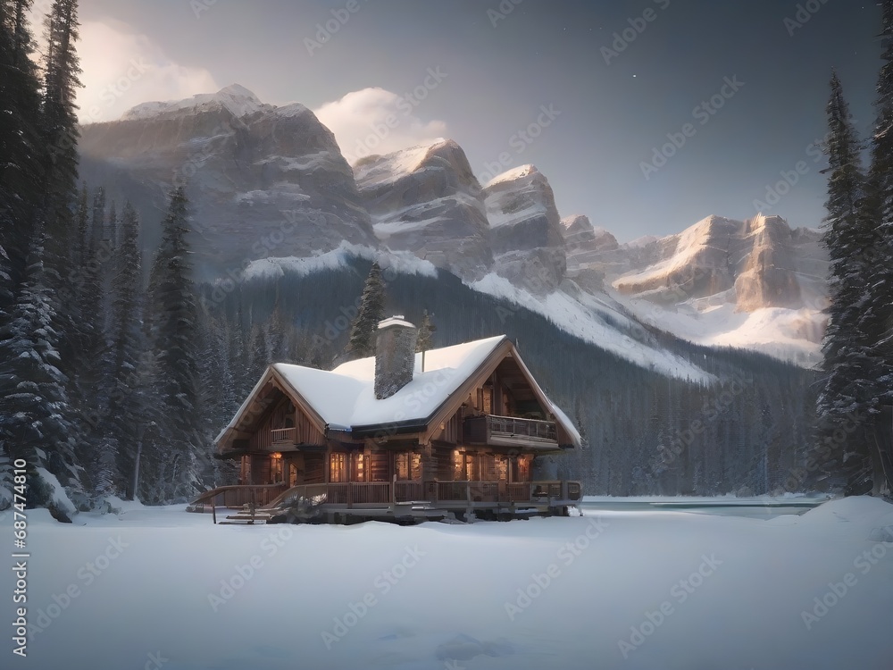 Beautiful scenery of Lake with wooden cottage glowing and rocky mountains with snow covered in winter at park. Generative AI