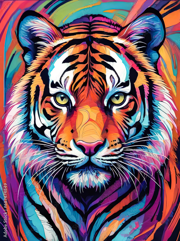 Vibrant Tiger Canvas, Colorful Feline Masterpiece, Rainbow Tiger Artwork, Chromatic Tiger Portrait, Tiger in Technicolor Palette.