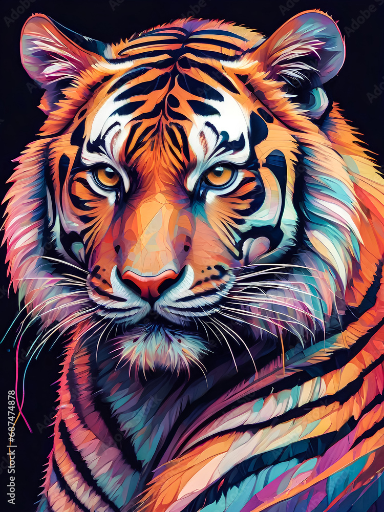 Vibrant Tiger Canvas, Colorful Feline Masterpiece, Rainbow Tiger Artwork, Chromatic Tiger Portrait, Tiger in Technicolor Palette.