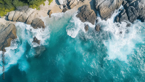 Awesome view of blue waves crashing between rock walls seen from the sky