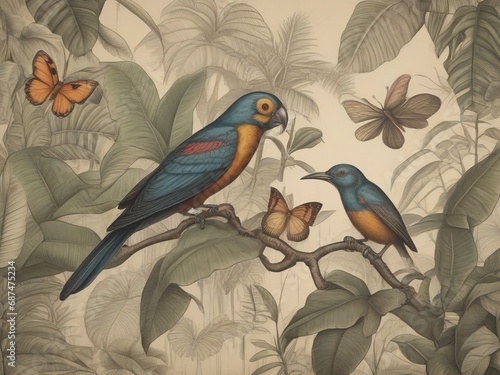 Vintage background with birds and tropical leaves.