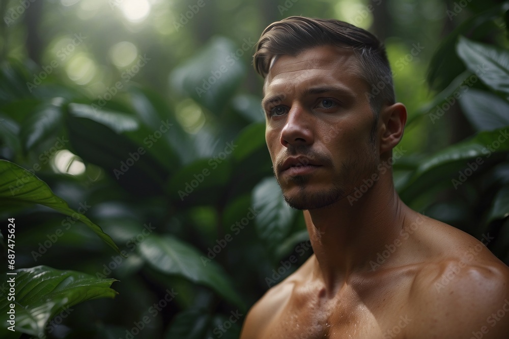 Portrait of a handsome muscular athletic young sexy man against a background of green leaves in the forest, jungle, tropics, copy space. Fashion, men's cosmetics, spa concepts.