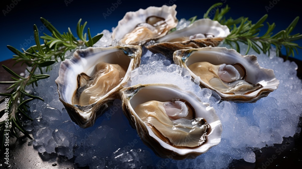 Freshly opened oyster on crushed ice viewed from Freshly opened oyster on crushed ice viewed from
