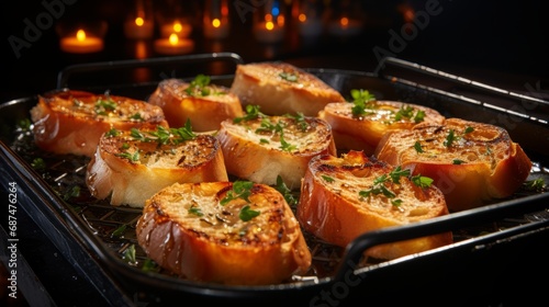 Toasting baguette slices in a pan to create